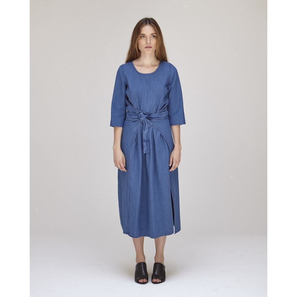 Caron Callahan Indigo Cotton Denim Hester Wrap Midi Dress SZ M MSRP $446
